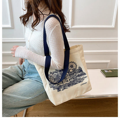 Canvas Women Handbags Shoulder Underarm Bag London Books Print Handbag Large Capacity Ladies Shopping Tote Bag Student Book Bags