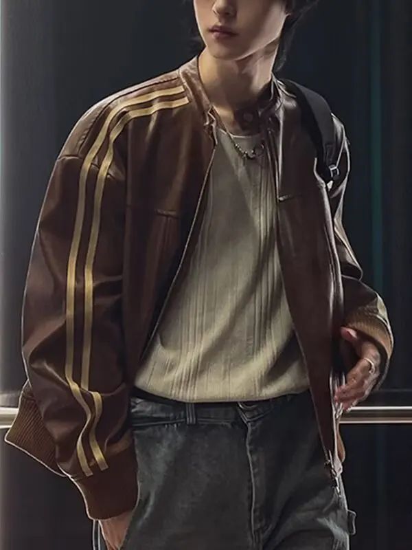 Loose Fit Men's Biker Leather Jacket Stripe Patchwork Stand Collar Casual Outerwear Façade Mixed Material Chinese Production