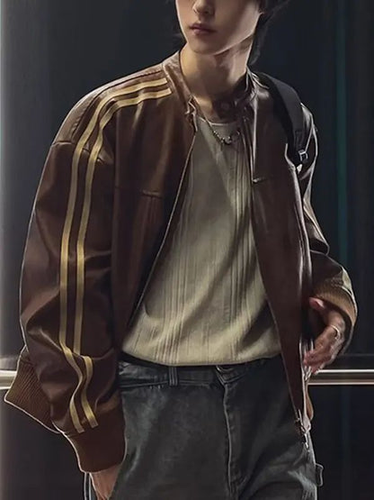 Loose Fit Men's Biker Leather Jacket Stripe Patchwork Stand Collar Casual Outerwear Façade Mixed Material Chinese Production