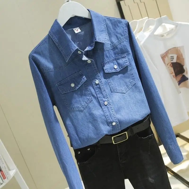 Women Blouse Denim Long Sleeve Spring Clothes Blue Lapel Shirt Blusas Mujer De Moda