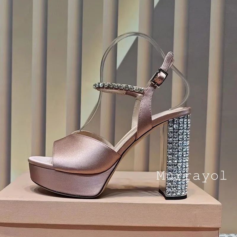 Women Open Toe Rhinestone High Heels Sandals Satin Waterproof Platform Sandalias Summer Party Dress Shoes Pumps Wedding Shoes