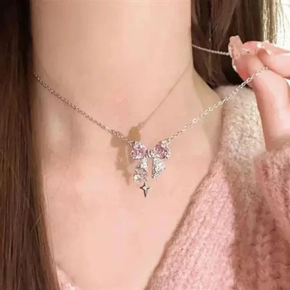 Colares de Pingente de Laço de Cristal Rosa Fada da Moda Y2K Meninas Doce Strass Coração Clavícula Cadeia Mulheres Jóias Presentes