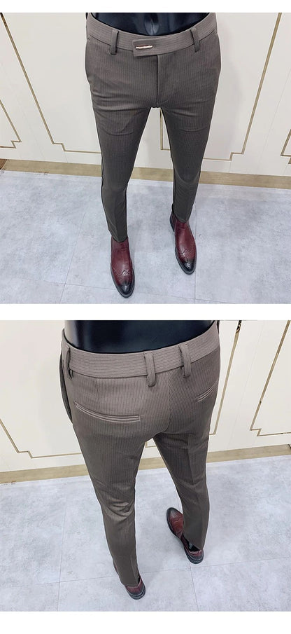 Calça Social Listrada Masculina Slim Fit com Tornozelo Justo Calça Social Masculina para Escritório e Festa Calça Social Masculina para Negócios Slim Fit