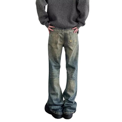 Vintage American Style Men's Straight-Leg Slimming Long Jeans Distressed Washing Denim Pants Trendy Brand Bootcut Pants