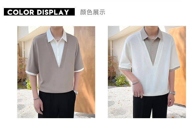 2025 summer new men's fake two-piece shirt, men's clothing, trendy brand, casual, high-end short-sleeved polo shirt