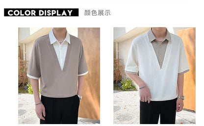 2025 summer new men's fake two-piece shirt, men's clothing, trendy brand, casual, high-end short-sleeved polo shirt