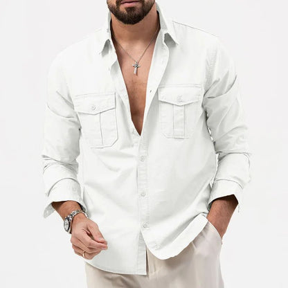 Army Green Tactical Cargo Shirts For Men Chest Two Pockets Long Sleeve Mens T-Shirt 2024 Trend Casual Loose Shirt Chemise Hombre