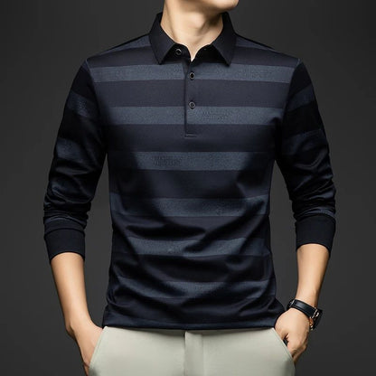 BROWON Elegant Mens Polo Shirts 2025 Spring Autumn Long Sleeve Lapel Collar Big Striped Pattern T-shirt Male New in Tops & Tees