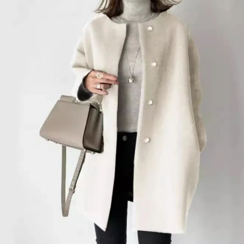 Elegant Three-Color Straight-Leg Coat for Women Loose Fit Pure Color Simple Design Autumn Winter Outerwear Female Top