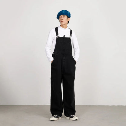 Macacão Jeans Retrô Estilo Japonês Casual Perna Reta Roupa de Trabalho Streetwear Americano Macacão Jeans Masculino e Feminino Folgado