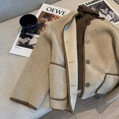 Korean Style Short Lamb Fur Jacket Women's Crew Neck Lazy Style Outerwear Autumn Winter New Arrival Soft Cozy round Neck Top