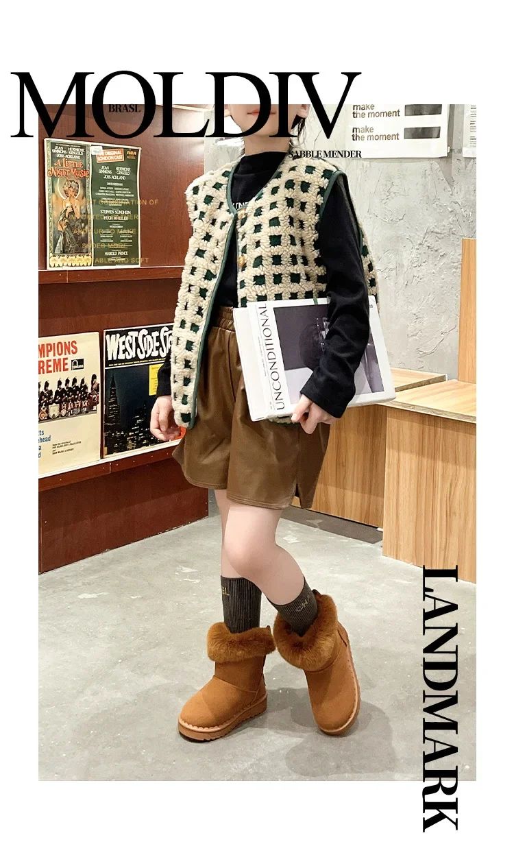 Kids Genuine Cowhide Snow Boots Winter Baby Soft Warm Cotton Shoes with Plush Boys Girls One Fur Suede Boots Princess Retro Boot