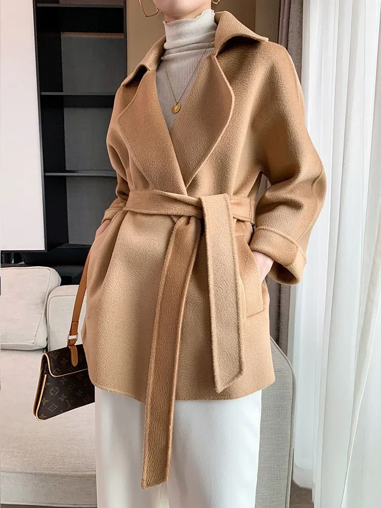 Autumn New Short Double-sided Cashmere Water Ripple Coat Women Turn-down Collar Loose Tempeament Warm Casual wool Jacket Female