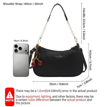 Cherry Pedant Shoulder Underarm Bag Women's Fashion Handbags Causal Hobos Purses Ladies Hand Bags Pu Leather for Work Travel