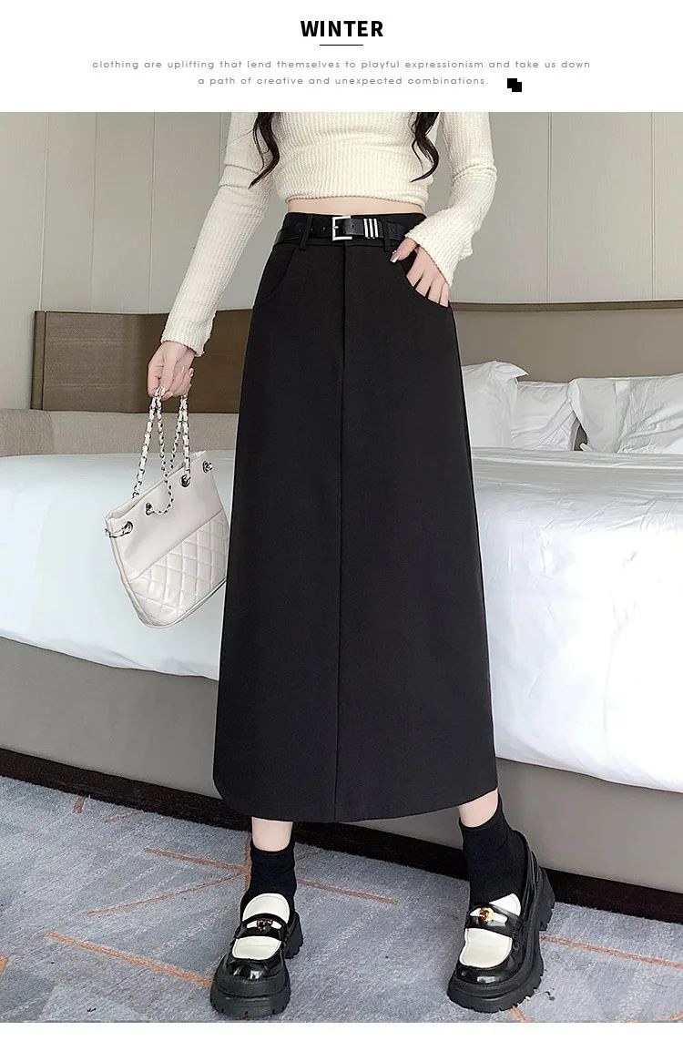 Grey High-waisted A- line Skirt Half Dress Petite Long Dress Autumn/winter For Women Side Slit Workwear