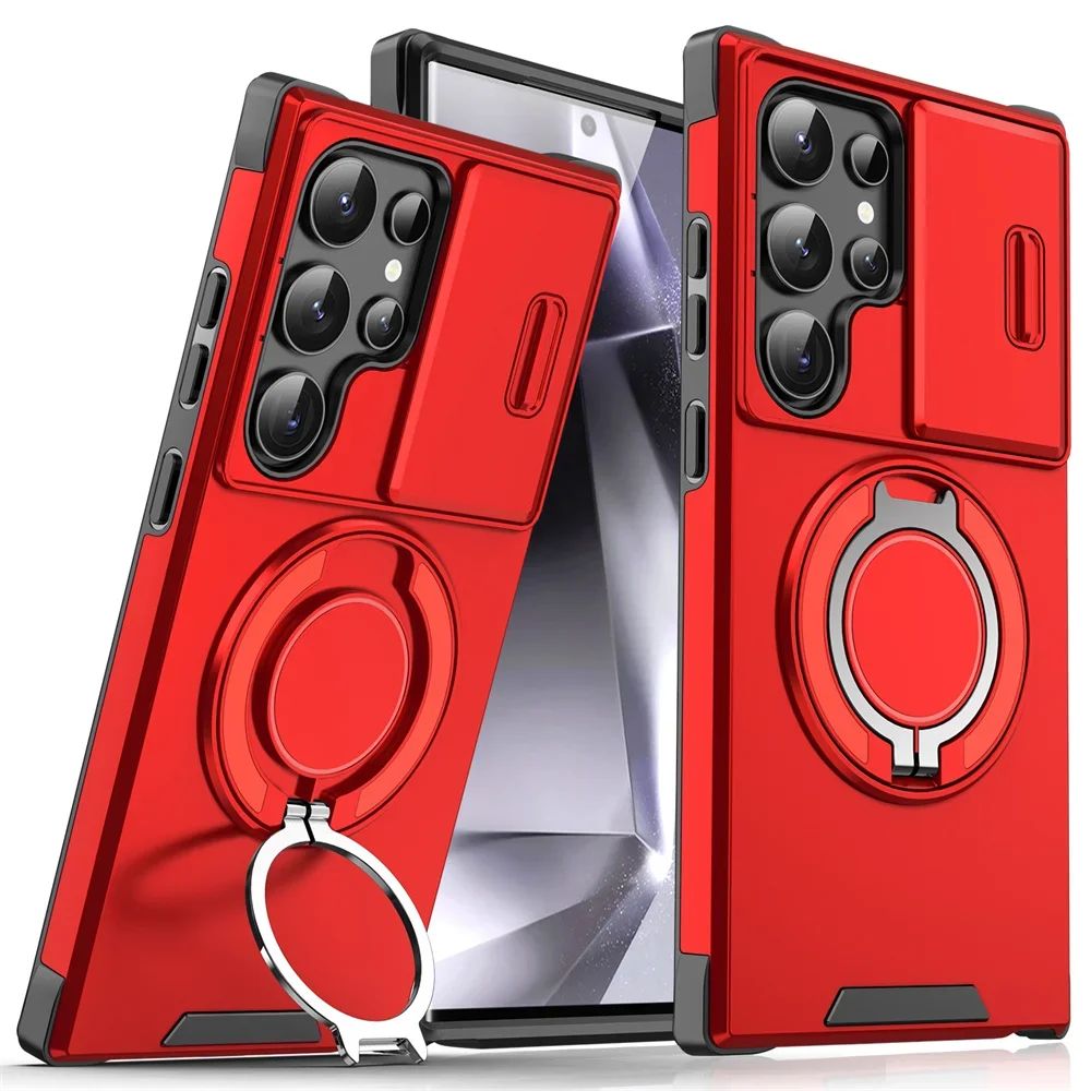 Capa Armor com Suporte Magnético para Samsung S25 S24 S22 S21 S23 S20 Ultra Plus FE com Proteção de Câmera Deslizante e Antichoque