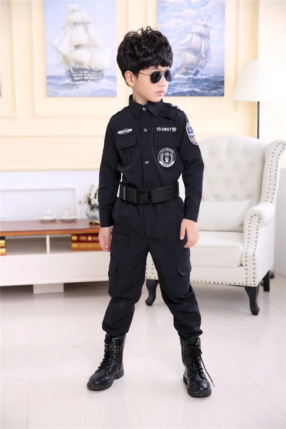 Swat Children Halloween Police Officer Cosplay Costumes Kids Carnival Police Uniform 110-160Cm Boys Army Police Officers Soldier