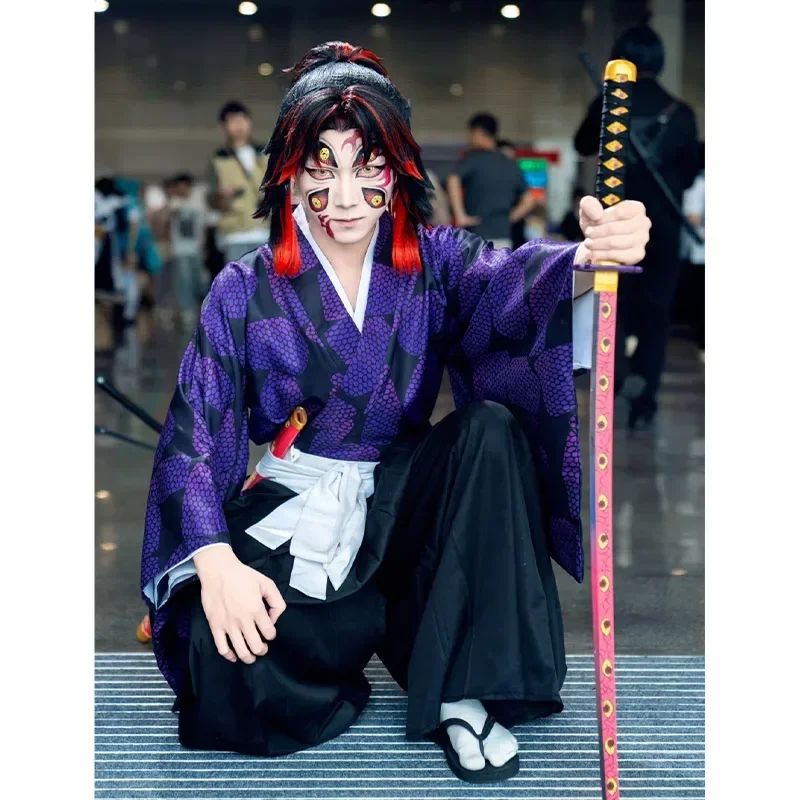 2026 New Edition Kokushibo Role-Play Wig, Temporary Tattoos, Anime-Print Kimono Top, Halloween Party Costume