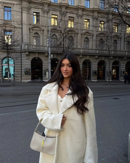 Elegant White Lapel Woolen Long Coat Women Fashion Full Sleeve Single-breasted Warm Loose Coats Lady Winter Commute Street Wear