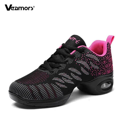 Ladies Modern Fashion Dance Shoes Breathable Mesh Jazz Dancing Shoes Ballroom Training Casual Sports Shoes Knitted Sneakers
