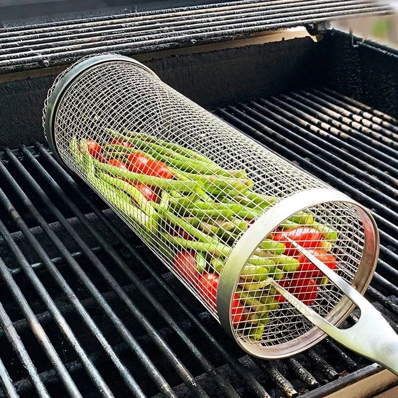 High - Quality Circular Stainless Steel Rolling BBQ Basket - Sturdy Wire Mesh Cylinder - Ideal for Outdoor Camping Barbecuing