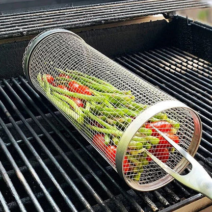High - Quality Circular Stainless Steel Rolling BBQ Basket - Sturdy Wire Mesh Cylinder - Ideal for Outdoor Camping Barbecuing