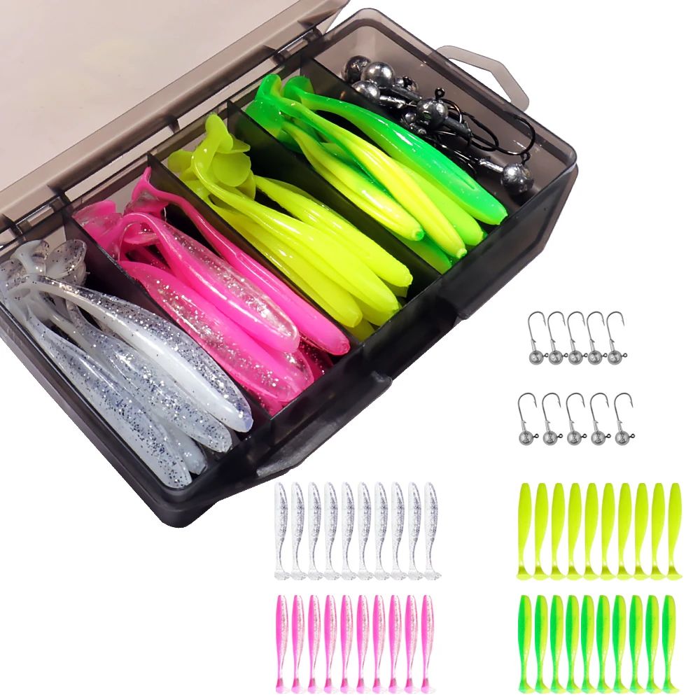 50 unidades/Caixa Isca Artificial Jig de Metal 5.5cm 7cm 10cm Isca Macia 3g 5g 7g 10g 14g Anzol Jigging Head Caixa de Pesca Pesca Swimbait Kit Isca de Fundo