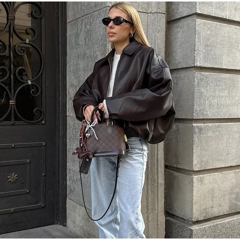 Vintage PU Leather Bomber Jackets 2025 Autumn New Ladies Zipper Lapel Long Sleeve Pocket Coat With Belt Women's Loose Streetwear