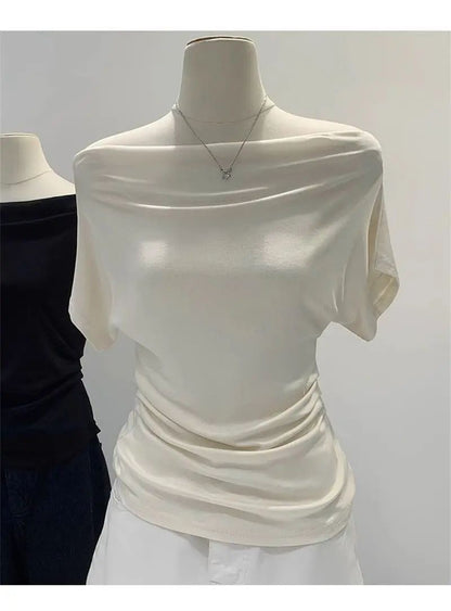 Ultra-Hand Feel Modal Cotton Short Sleeve T-Shirt Women Summer Design Slim Fit Shoulder Baring Fashionable Top