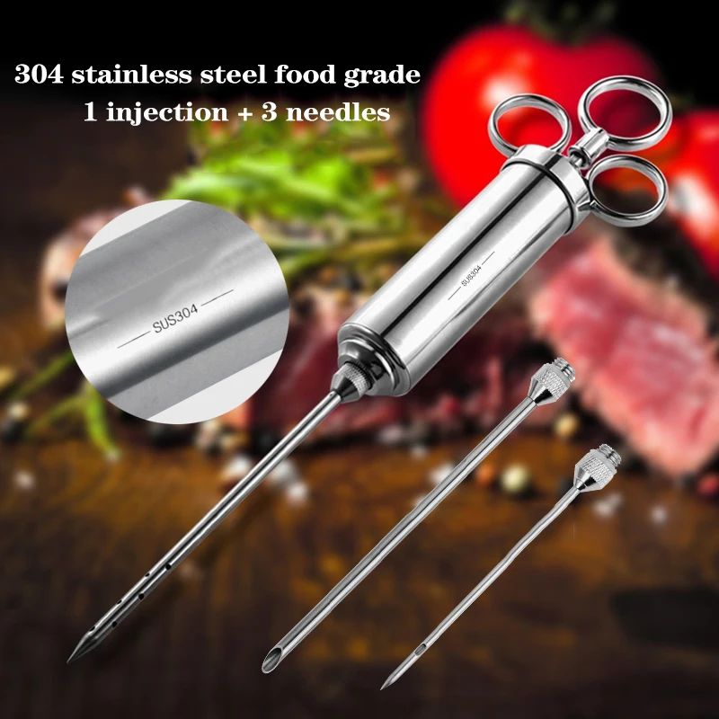 Injetor de Marinada 2 oz para Grelhados Injetor de Carne de Peru de Aço Inoxidável Seringa Culinária com 2-5 Agulhas