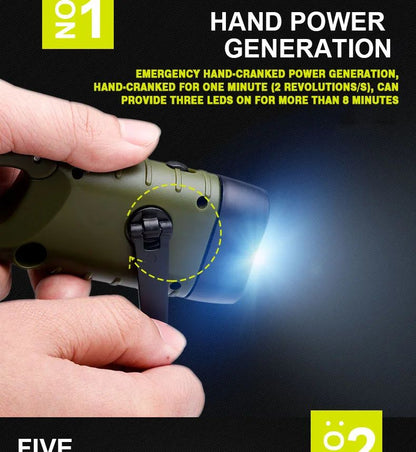 New upgrade 3LED Portable Outdoor Hand Crank Solar Powered Flashlight For Fishing Hiking With Folding Buckle Emergency Lamp