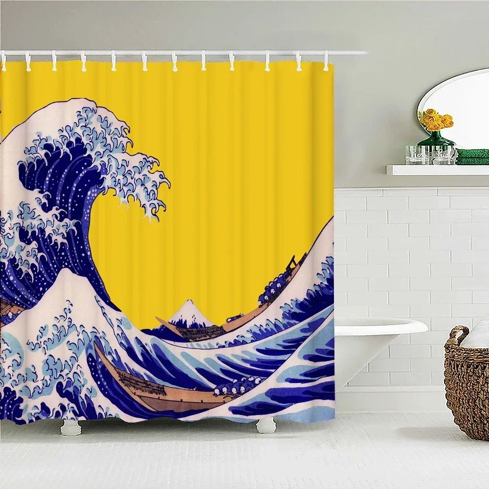 Japanese-style Waves Printing Shower Curtain with Hooks Home Decoration Bathroom Curtains 180x180cm Waterproof Polyester Fabric