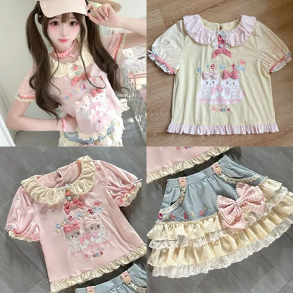 Lolita Print Tops Bow Cake Blouse Y2K JK Lolita Japan Kawaii Girl Cute Sweet Lace T-shirt A-line Spliced Cake Skirt New Chic