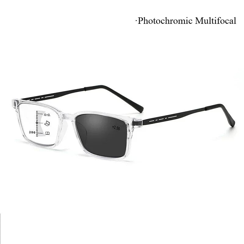 Óculos Multifocal Fotocromático para Presbiopia Armação Quadrada Óculos de Leitura para Negócios Luz Azul Lentes Acabadas para Vista Longa