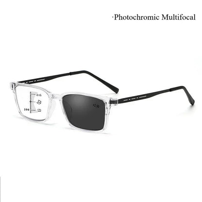 Óculos Multifocal Fotocromático para Presbiopia Armação Quadrada Óculos de Leitura para Negócios Luz Azul Lentes Acabadas para Vista Longa