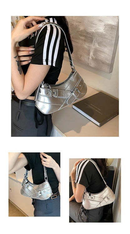 Red Vintage Shoulder Bag Y2K Belt Design PU Leather Underarm Bags for Women Trend Hot Cool Girl Crossbody Bag Punk Style Handbag