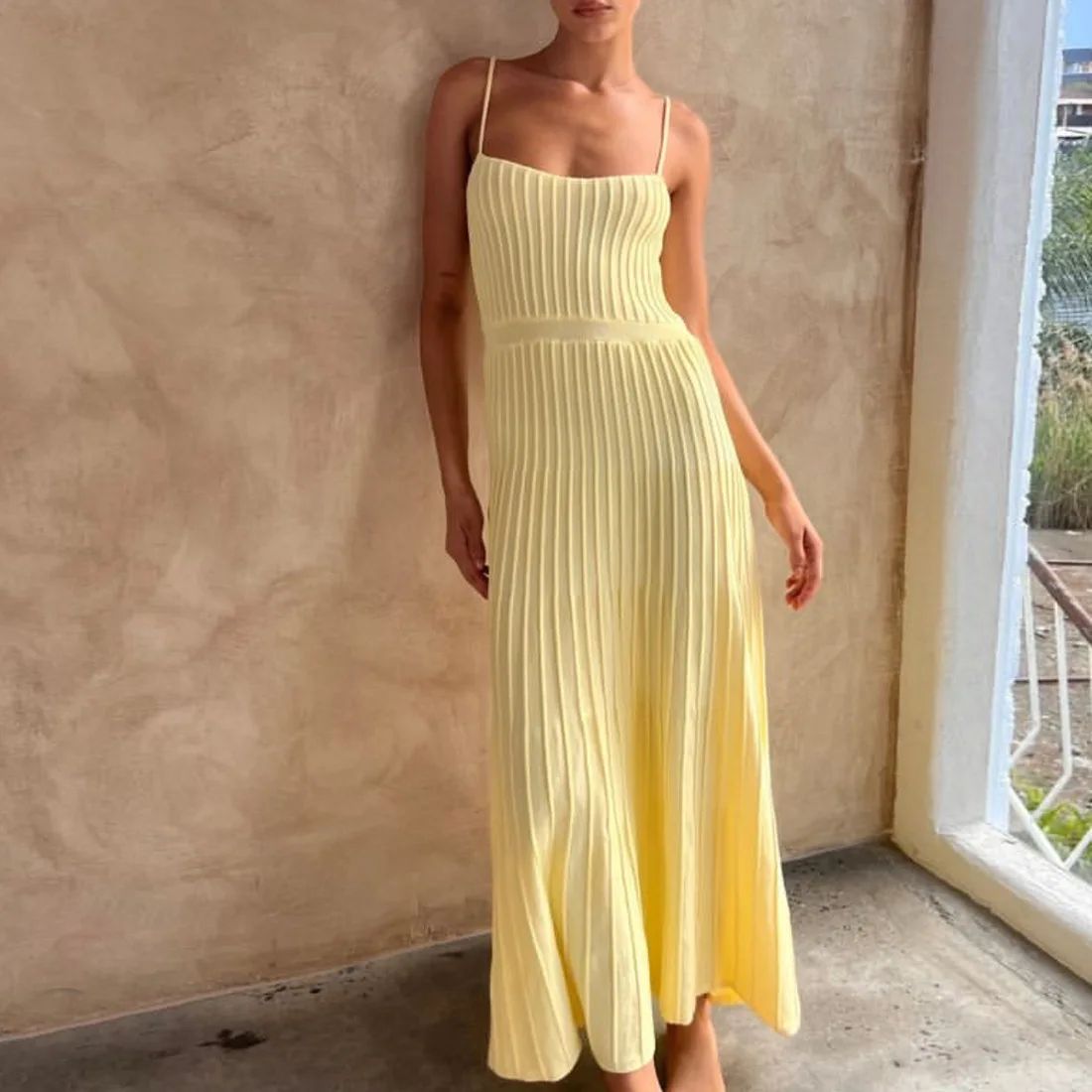 Knitted Pleated Long Dress High Waist Midi Sling Dress Elegant Sleeveless Yellow