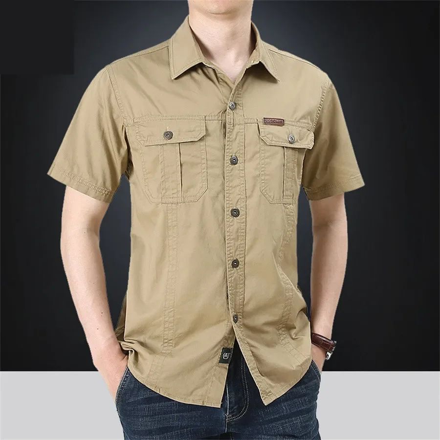 Summer Quick Dry Short Sleeve Mens Army Fan Tactical Shirts Male Solid Thin Lapel Cargo Shirt Tops Outdoor Hiking Military Shirt