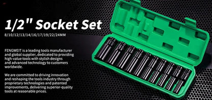 10pcs 1/2 Drive Metric Impact Socket Set Heavy Duty Universal Deep Socket Wrench for Air Pneumatic Repair Tools