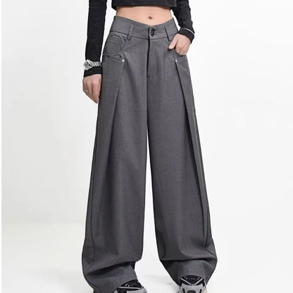 American Style High Waist Draped Suit Pants Women's Spring Autumn Loose Trendy Versatile Wide Leg Casual Floor Length Straight L