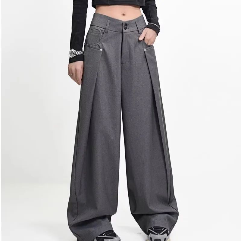 American Style High Waist Draped Suit Pants Women's Spring Autumn Loose Trendy Versatile Wide Leg Casual Floor Length Straight L