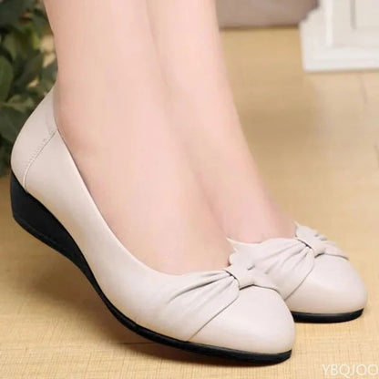 Low heeled light mom Shoes Waterproof Bow Flats Soft soled comfort Women's shoe Casual non slip leather shoes Zapatos Mujer