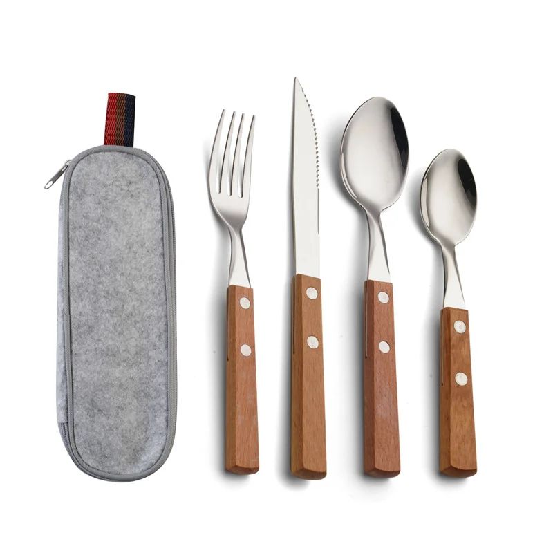 Utensílios de viagem de aço inoxidável com estojo Saudáveis e ecológicos Garfo e colher de tamanho normal Conjunto de talheres portáteis com bolsa de armazenamento