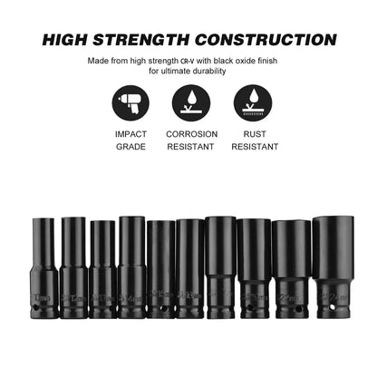 10pcs 1/2 Drive Metric Impact Socket Set Heavy Duty Universal Deep Socket Wrench for Air Pneumatic Repair Tools