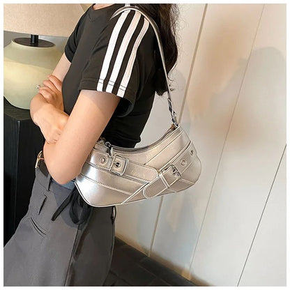 Red Vintage Shoulder Bag Y2K Belt Design PU Leather Underarm Bags for Women Trend Hot Cool Girl Crossbody Bag Punk Style Handbag