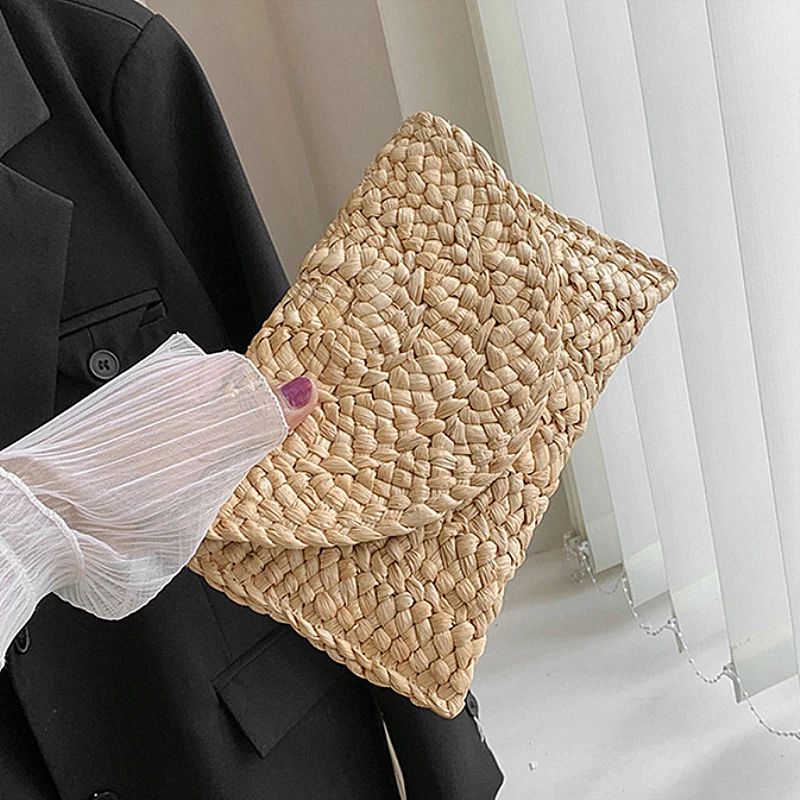 Corn Husk Weave Dinner Clutch Bag Women's Fashion Simple Solid Straw Large Purse Woman Summer Casual Vacation Ladies Wallet 2024