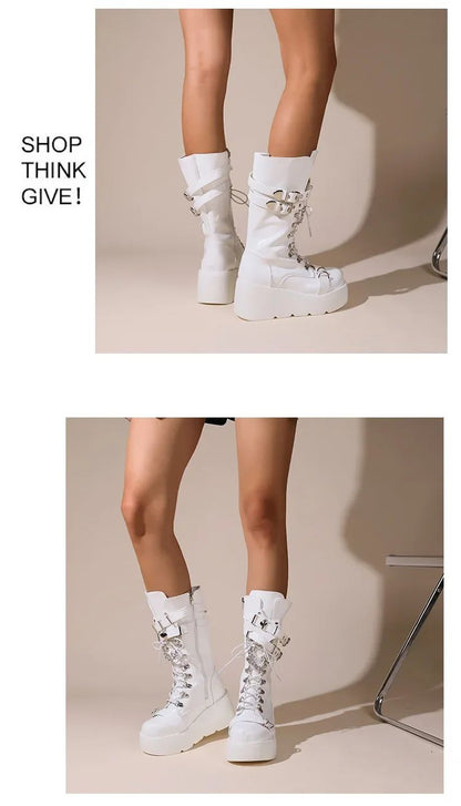 Platform Boots Riveted Buckle Wedges High Women's Boots Punk Spice Chic Biker Rider Boots