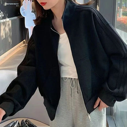 Short Sweatshirt Jacket Women's Autumn Winter Student Versatile Three Stripe Jacket Loose Fit Casual Style New Hot Sale Of The S