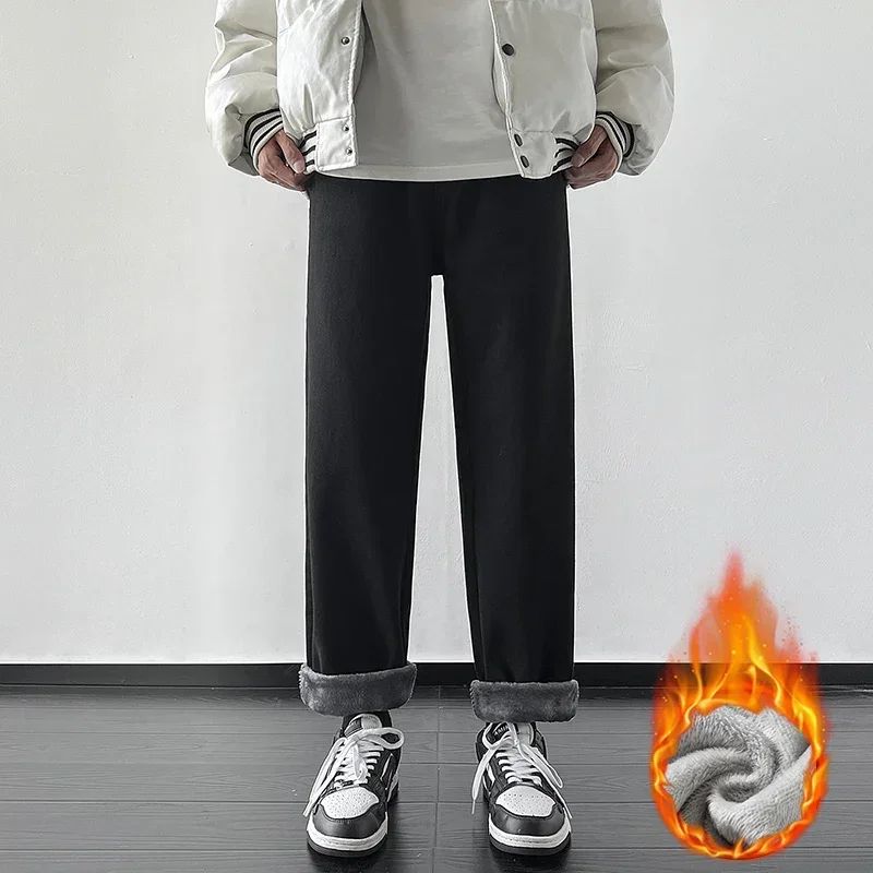 4 Colors Winter Fleece Men's Jeans Baggy Straight Elastic Waist Denim Pants Fashion Korean Thickened Warm Male Thermal Trousers