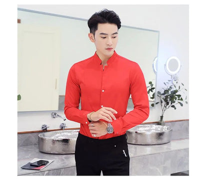 Black Men Long Sleeve Shirt, White Single Breasted Collar Stretch Shirts, Red Fashion Slim Top,Asian Size M-5XL(Korean Slim Fit)